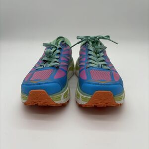 Hoka Women's Athletic Sneakers in Blue, Pink & Green with Orange Soles